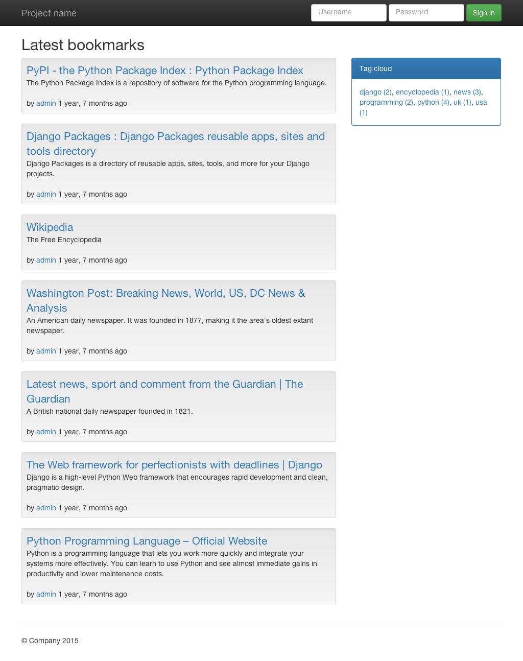 Frontend Bookmark List View with Tag Cloud